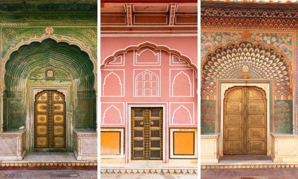 A collage of the four small gates in the City Palace courtyard, representing spring, summer, autumn, and winter.