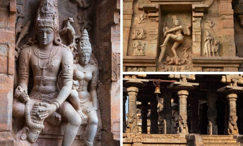 Collage of stone carvings from Great Living Chola Temples Thanjavur Gangaikonda Cholapuram and Darasuram