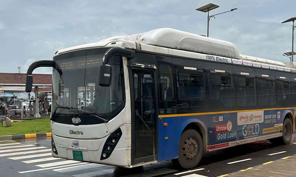 A blue Kadamba Electric Bus parked at the Manohar International Airport (Mopa) terminal in Goa. Image courtesy MIA Goa Airport.