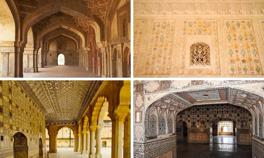 A collage showing the intricate mirror mosaics, arched hallways, and floral marble carvings inside the Sheesh Mahal.