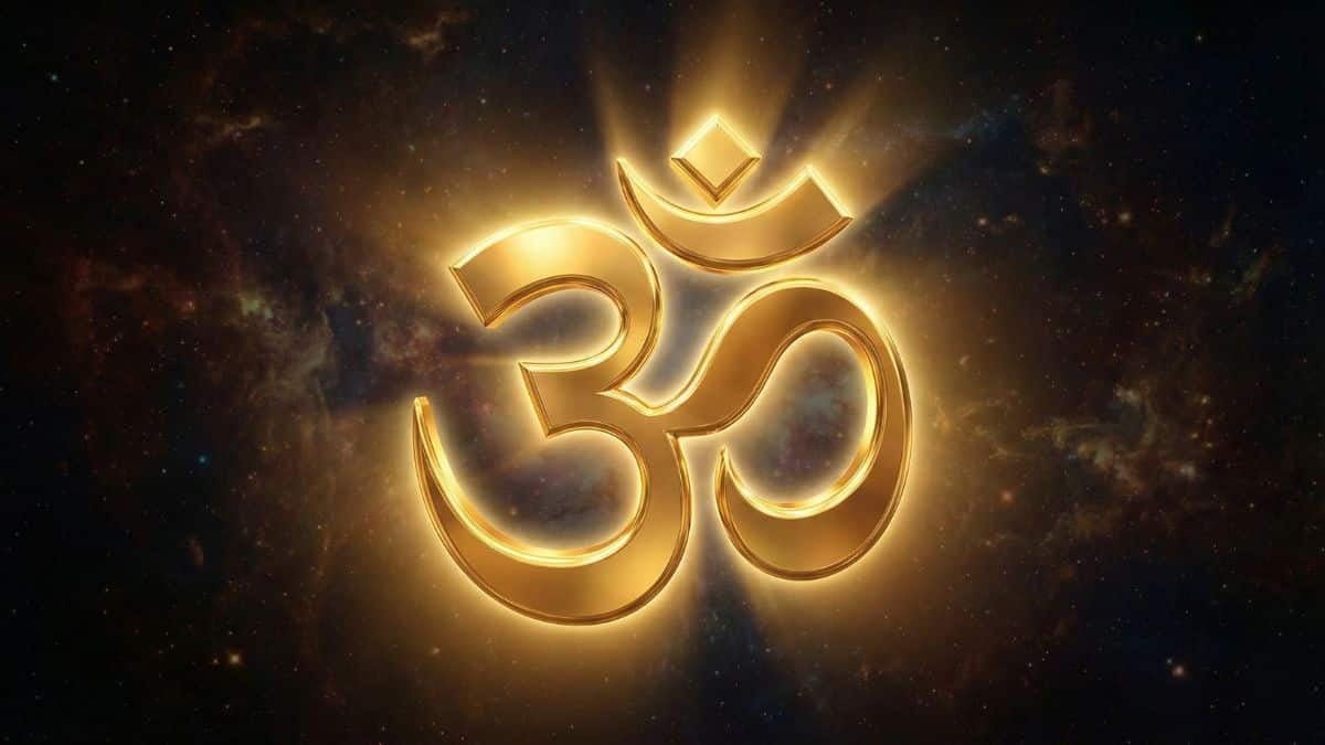 The sacred Om symbol glowing in gold representing the eternal truths of Sanatan Dharma.