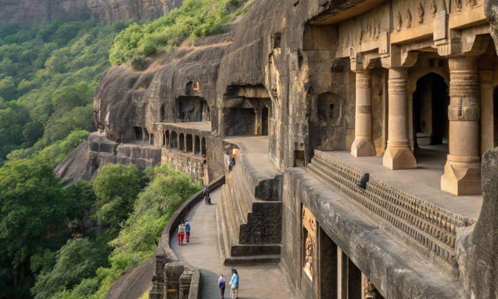 A image showing the walking paths along the Ajanta gorge with rockcut caves visibile.