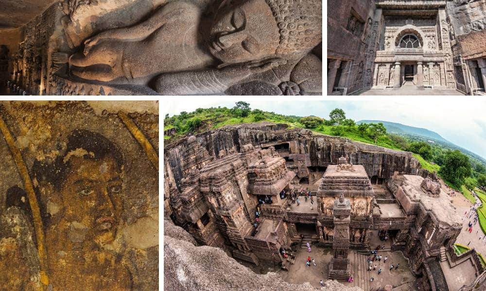 A wide collage featuring the reclining Buddha of Ajanta, the monolithic Kailasa Temple at Ellora, and 2,000-year-old colorful Buddhist frescoes.