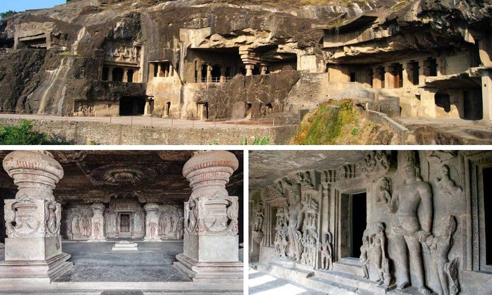 A collage showing the walking paths along the Ajanta gorge, rock-cut pillars of Ellora, and large stone-carved deities within the caves.