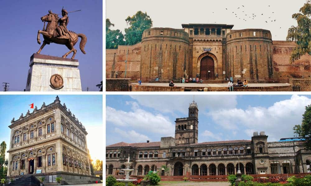 A heritage collage of Pune featuring the equestrian statue of Shrimant Bajirao Peshwa I, the massive iron-spiked Delhi Gate of Shaniwar Wada, the colonial-era architecture of Pune University, and a Shinde Chhatri.