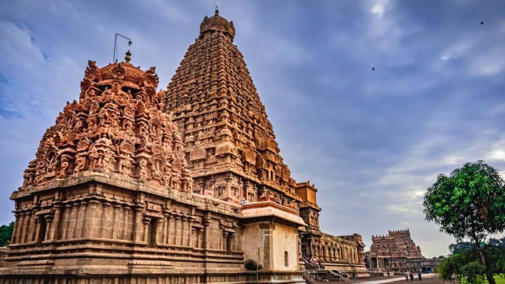The magnificent golden granite Brihadisvara Temple in Thanjavur, a UNESCO World Heritage site and a key highlight of the 14 day South India itinerary Chennai.