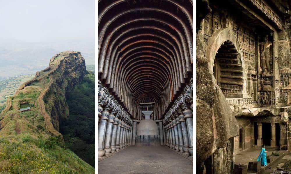 A vertical collage showing the vinchu kata at Lohagad, the 2,000-year-old teak wood ribs of Karla Caves, and intricate Buddhist rock-cut facades.