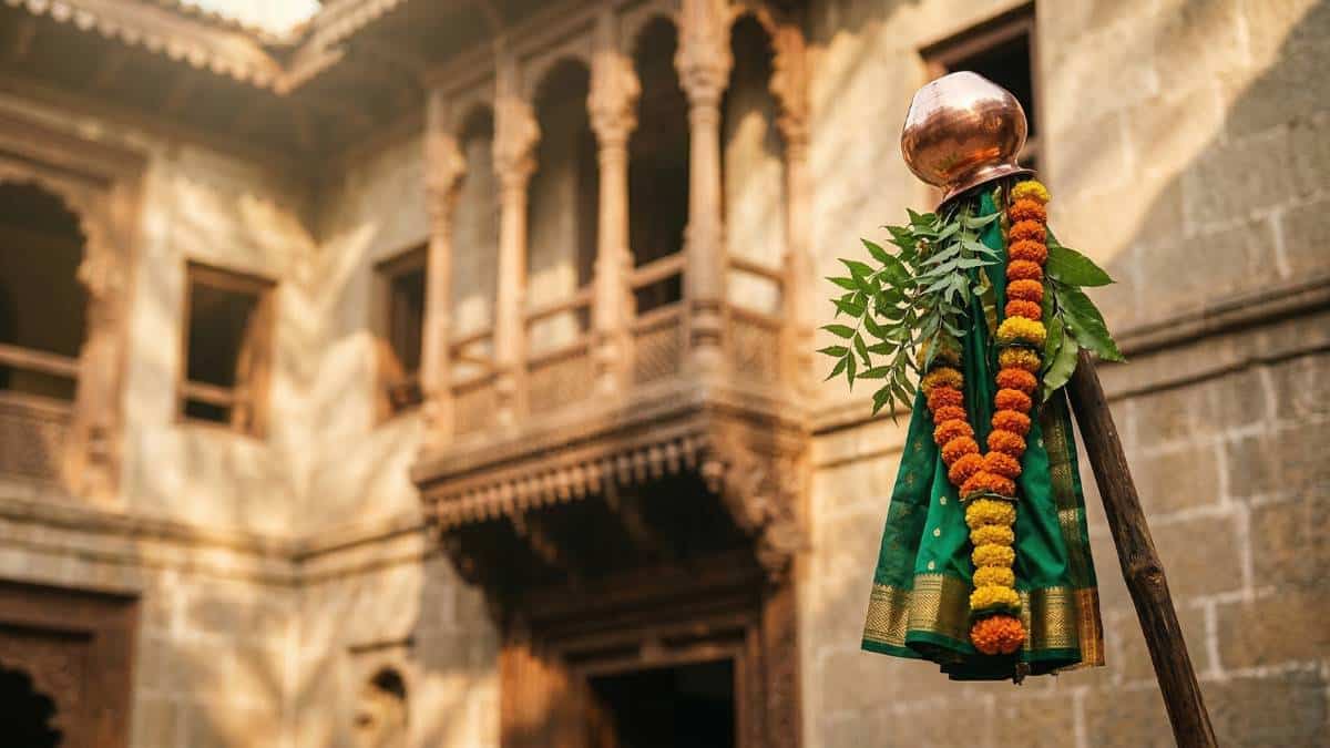 A traditional Gudi with a green silk cloth, copper kalash, and marigold garlands hoisted in the courtyard of a historic Maharashtrian Wada, celebrating the 2026 Hindu New Year.