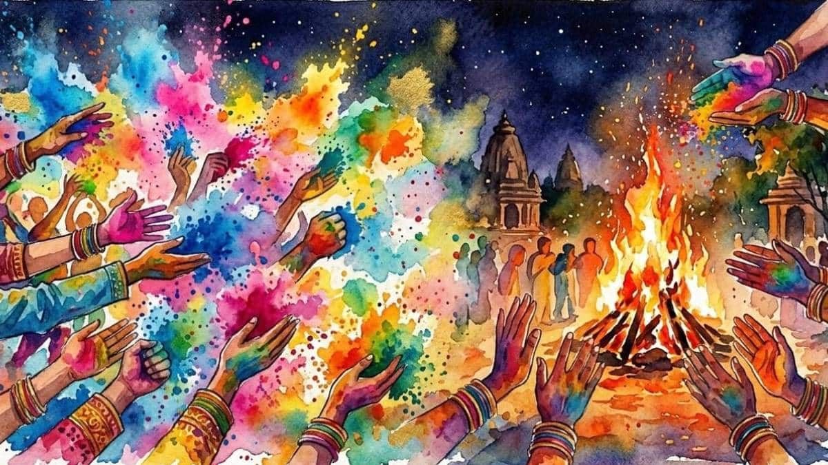 Watercolor illustration of Holi celebrations featuring vibrant color splashes on the left and a traditional Holika Dahan bonfire with a temple in the background on the right showing the profound significance of holi in Sanatan culture.