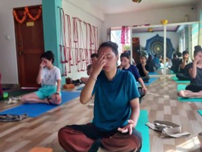 A close-up view of yoga students sitting cross-legged on green mats in a clean indoor studio with wooden floors, focusing deeply during an alternate nostril breathing (Nadi Shodhana pranayama) class.