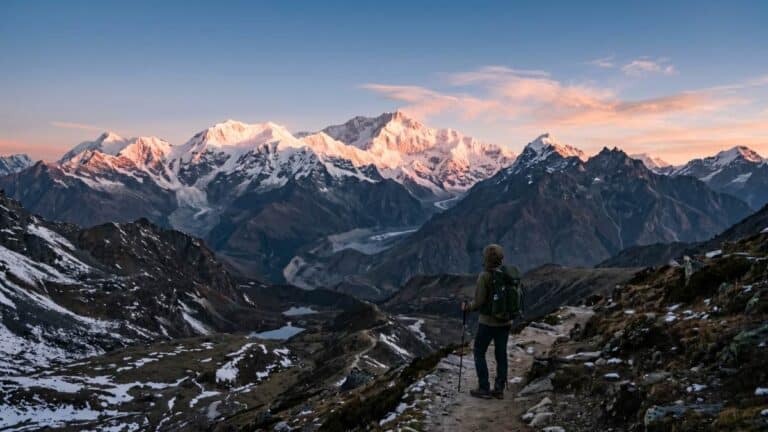 Himalayan layering guide for summer trekking with views of alpenglow on mountain peaks.