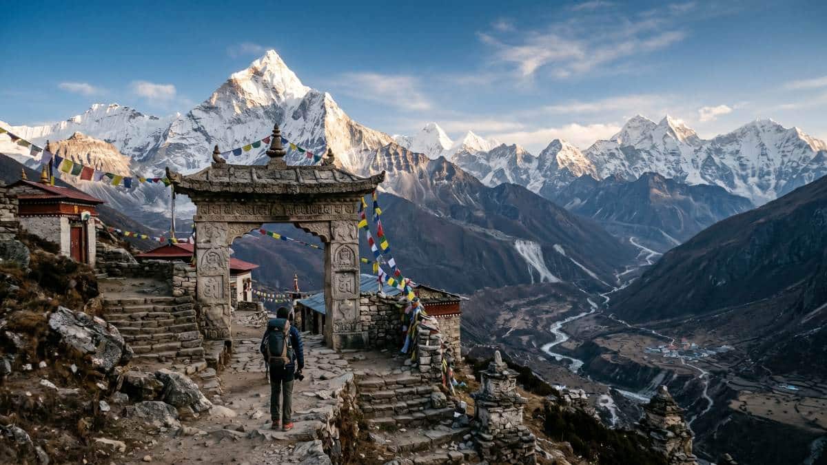 Himalayan summer survival kit gear guide with panoramic snow peaks and prayer flags.