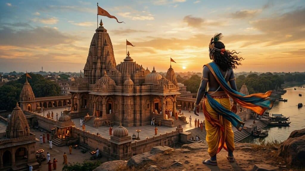 Artistic visualization of Lord Krishna looking toward the grand ancient Keshavdev temple built over the Garbha Griha along the Yamuna River in Mathura.